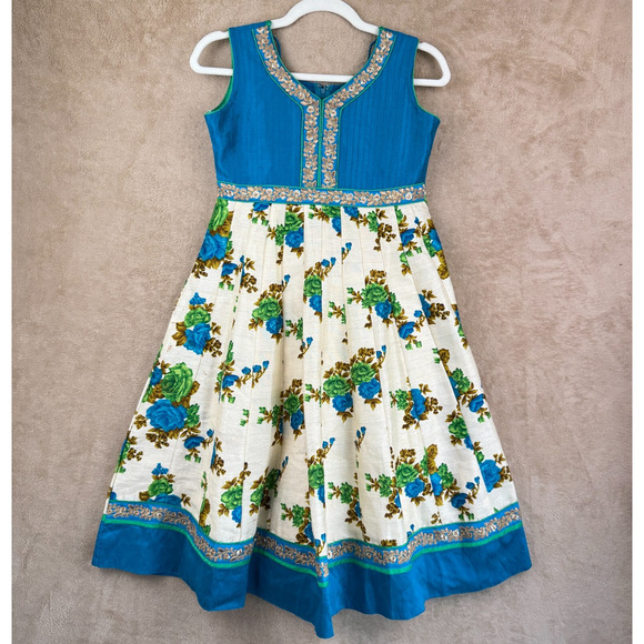 Girls Sundress Floral Embroidered Blue Gold‎ Dress Size 32 Party Summer Formal - Picture 1 of 15